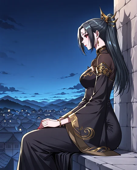 <lora:Hei_Yanyu (2):1>
1 girl, solo, long hair, black hair, red eyes, black sclera
chinese clothes, black dress, long dress, jewelry, earrings, wide sleeves, facial mark, hair ornament, ponytail, forehead mark, ponytail, lipstick
score_9, score_8_up, score_7_up, score_6_up, source_anime, masterpiece, best quality, absurdres, highres, newest, anime coloring <break> 1girl, solo, sitting, on wall, from side, town, night sky, cloud