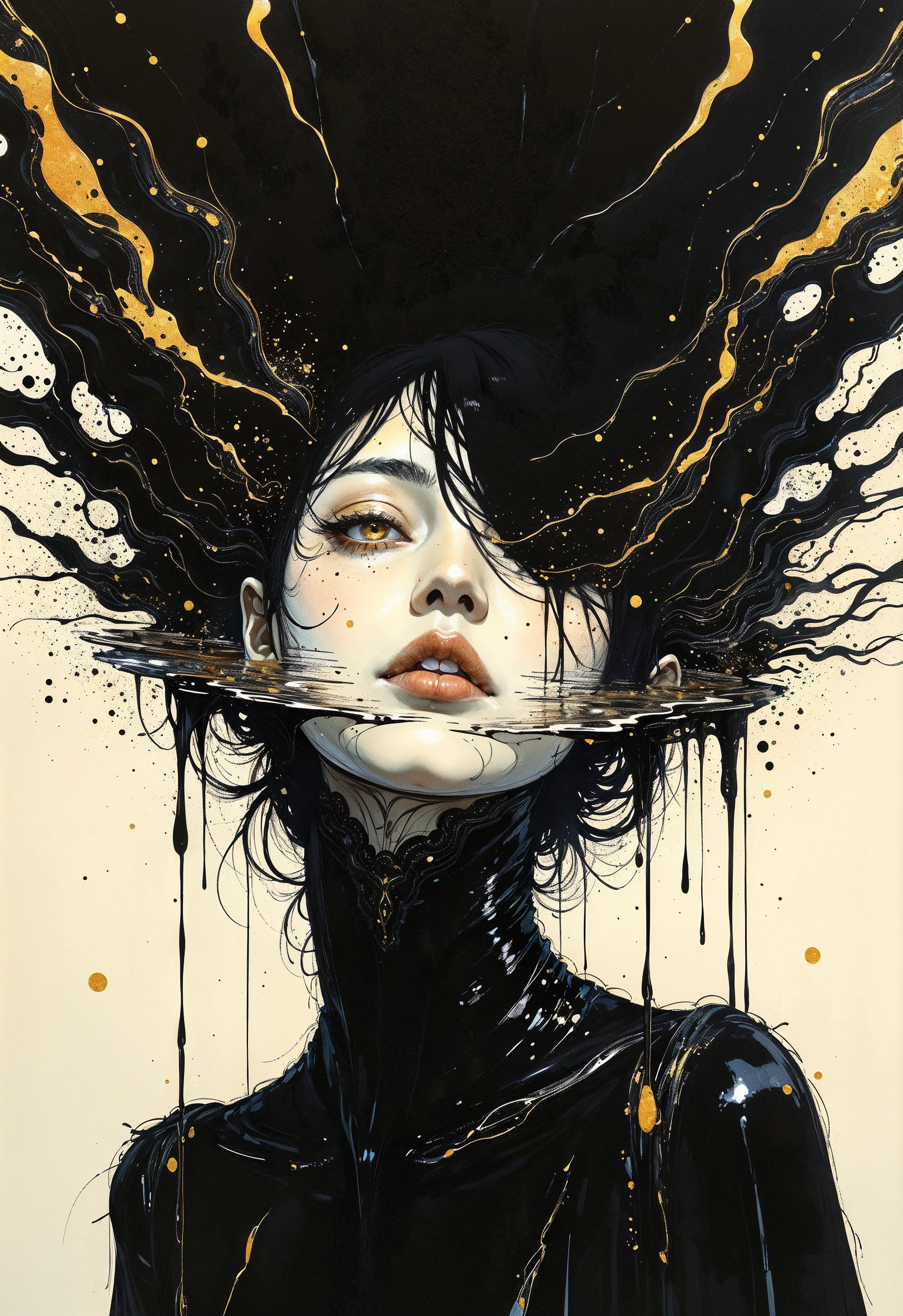(in Otomo Katsuhiro style:1.2), high-quality, masterpiece, a womanâs face reflected in a pool of black ink, the ink swirling and distorting her features as it moves, delicate lines of gold ink tracing abstract patterns on the surface, Style is Minimalistic with surreal elements, Micro-detail ink textures, flowing liquid motion, soft reflection blur, dark ambient mood, (elaborately detailed attire with extraordinary elements:1.1), (hyperdetailed:1.1), (intricate details:1.0), (Refined details:1.1), (best quality:1.1), (high resolution:1.2)