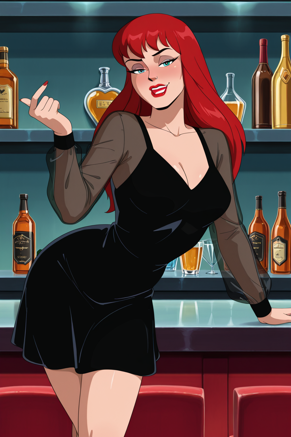 (((retro artstyle, parody)), perfect anatomy, perfect eyes) BREAK <lora:MJ90sIL:1> mary jane watson, long hair, red hair, makeup, lipstick, blue eyes, red lips, sultry eyes, naughty face, half- closed eyes, drunk, ((looking at viewer)), dress, black dress, see-through, long sleeves, arched back, teasing viewer, standing, relaxing at luxurious bar, legs crossed, beckoning to join, indoors