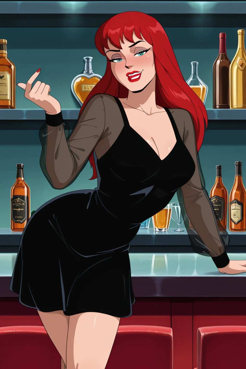 (((retro artstyle, parody)), perfect anatomy, perfect eyes) BREAK <lora:MJ90sIL:1> mary jane watson, long hair, red hair, makeup, lipstick, blue eyes, red lips, sultry eyes, naughty face, half- closed eyes, drunk, ((looking at viewer)), dress, black dress, see-through, long sleeves, arched back, teasing viewer, standing, relaxing at luxurious bar, legs crossed, beckoning to join, indoors
