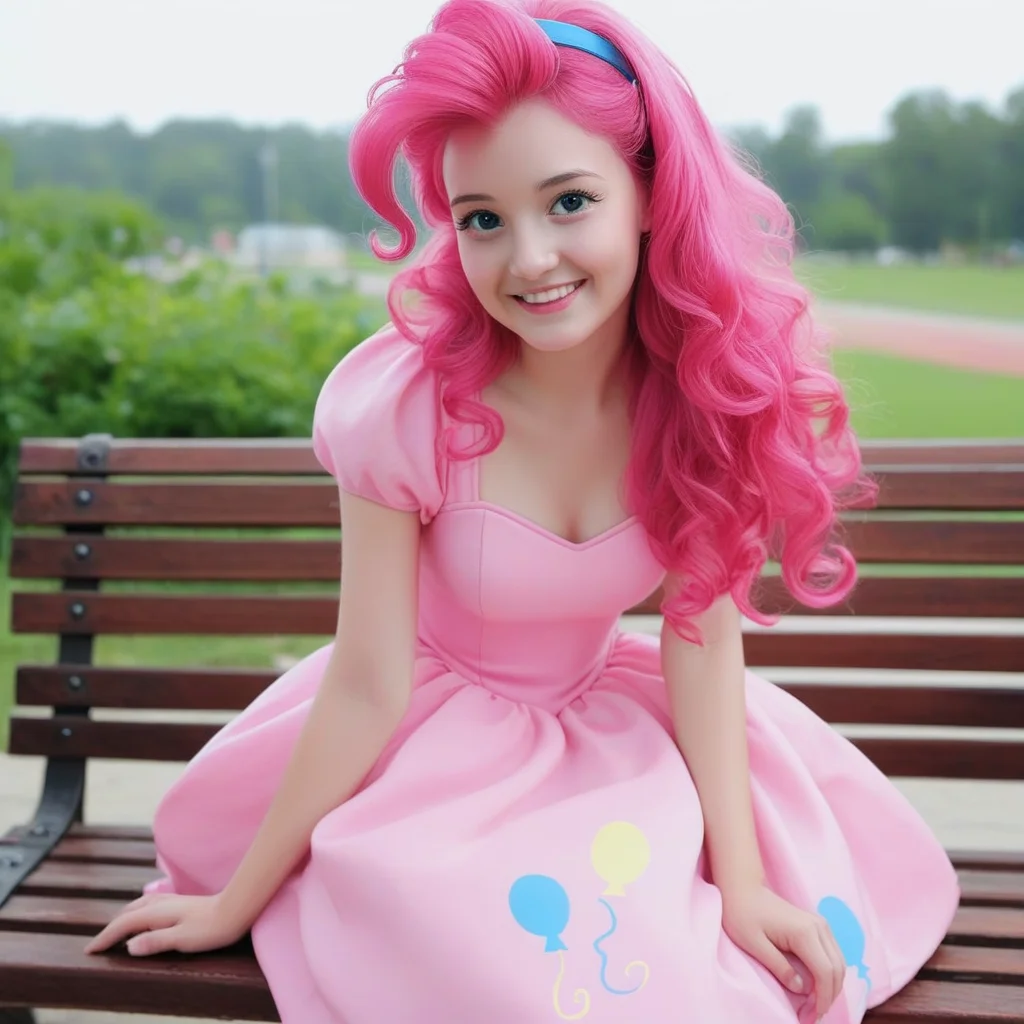 Pinkie Pie in dress, 1girl, pink hair, cuitie face, beautiful eyes, photorealism, sit on bench