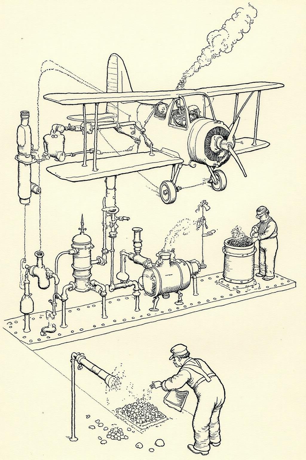 whrob1 illustration. 
A comical Heath Robinson-style depiction of a steam-powered airplane refueling station. The aircraft, resembling a vintage biplane, is connected to a bizarre array of pumps, pipes, and funnels, all powered by a coal-fired boiler. Attendants in goggles and overalls shovel coal while steam whistles sound. The plane's wings are decorated with brass fittings and gears. <lora:whrob1_cap_d6a3e11:1.0><lora:828468229262374817:0>
