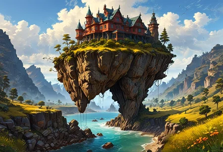 ((Floating Islands in the Sky):1.5), High in the sky, A bridge still stands, clinging to the side of the cliff with large metal legs which hold it in place, simon stalenhag, stormy weather, complementary colors, ((Highest quality:1.0),(High resolution:1.0), (masterpiece:1.0), (ground level view:0.6, viewer looking up:0.6), beautiful and aesthetic:1.3), extreme detailed, colorful, highest detailed,((ultra-detailed)),(highly detailed CG illustration),,