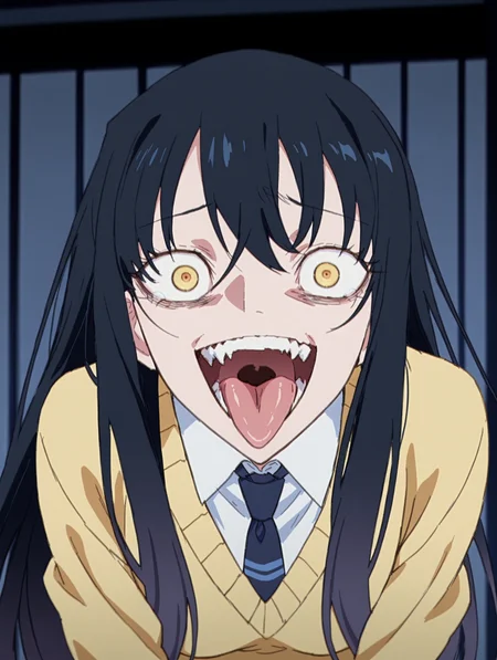 <lora:Ado_Usseewa_Style:1>  usseewastyle
1girl,solo,
 <lora:Miko_Illustrious:0.4> yotsuya_miko, long hair, black hair, yellow eyes, anime coloring, gradient hair, multicolored hair,
school uniform, yellow sweater,necktie,
open mouth, tongue out, crazy eyes,
masterpiece,best quality,amazing quality,