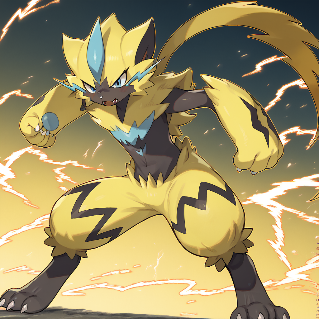 <lora:SlimesZeraora:1>, score_9, score_8_up, score_7_up, slimes_zeraora, solo, standing, lightning background, fighting stance