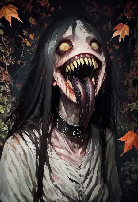 score_9, score_up_8, masterpiece, best quality, explicit, 
hasshaku-sama, mature woman, large woman, tall woman, sagging breast, enormous breast, long hair, black hair, horror (theme), collar bone, bony body, skinny, anorexic, fall season, trees, red yellow and orange leaves, falling leaves, night, garden, Expressiveh,  
 teeth, tongue, open mouth, horror, blood, stiches, scars, black tongue, very long tongue, black tears, full body