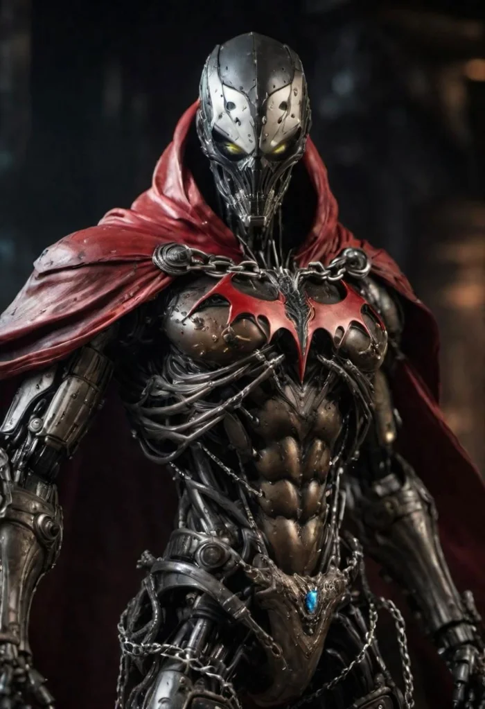 a photograph of spawn, balanced composition, made of black goo, (weathered patina:1.2), black costume, animated red cape made of liquid, "M" on chest, chains, moody lighting, cinematic, complex robot, biomechanical, hyper detailed <lora:compb0t:0.5> <lora:Spawn:0.8> comprobo