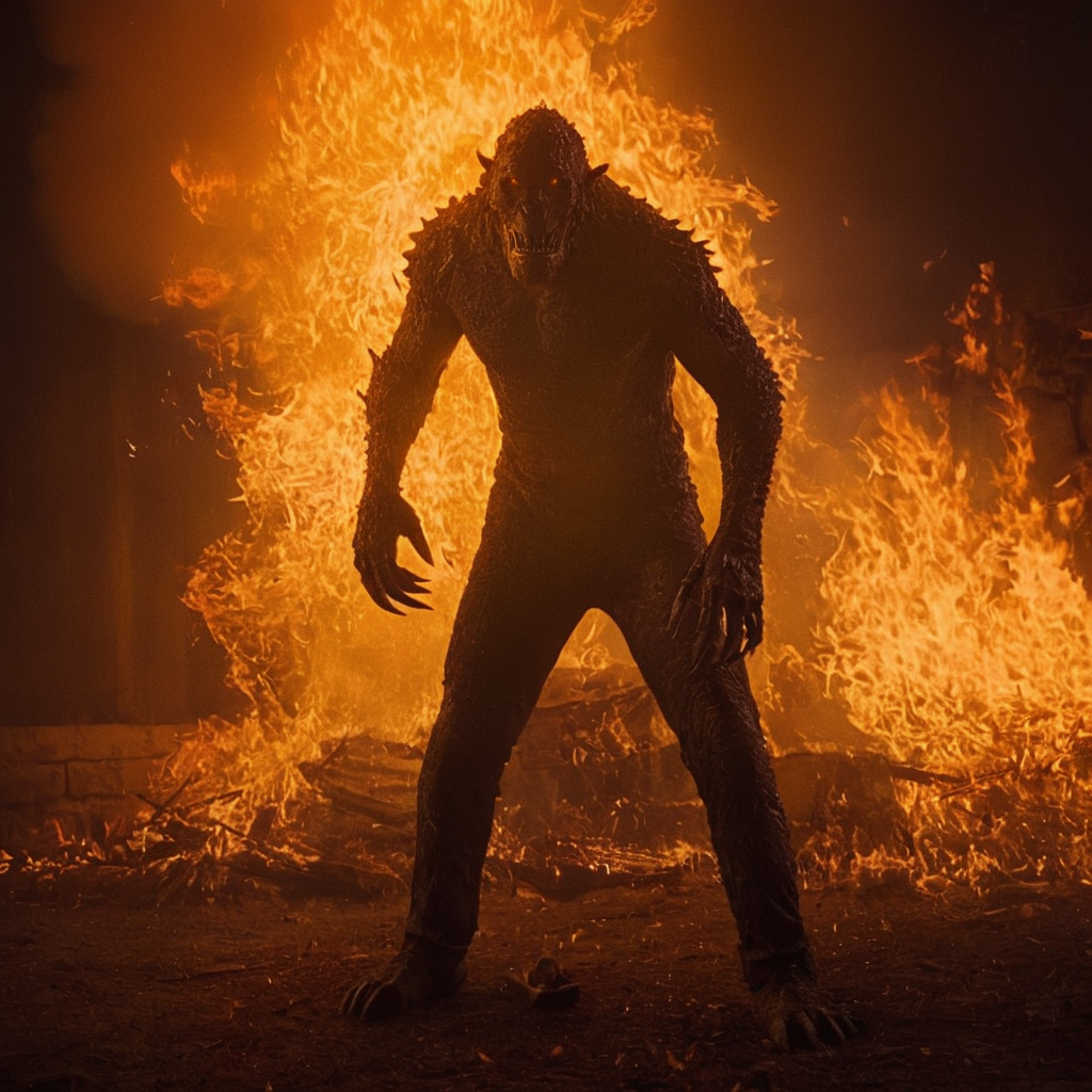 cinematic film still of  <lora:Warm Lighting Style:1>
warm light,a monster creature is in the middle of a fire,warm lighting style,solo,1boy,male focus,fire,facing viewer,prosthetic arm,embers,orange theme,burning 3200k, orange color, yellow color, warm color, straw color, golden color, shallow depth of field, vignette, highly detailed, high budget, bokeh, cinemascope, moody, epic, gorgeous, film grain, grainy