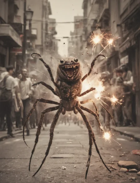 a action newspaper news-article about a evil maniacal laughing spider that is wearing a pouch is running down a busy street while (randomly (throwing:1.1) firecrackers:1.2) at ( (confused:1.1) pedestrians:1.2), deep shadows, perfect composition, motion blur, fx, sepia, high res print, <lora:- SDXL - stnerfx _Stoned_Fox_V4.0:.7>, <lora:SDXL - Slider - happy_sad:1>, <lora:SDXL - Slider - evil_villain:1>
