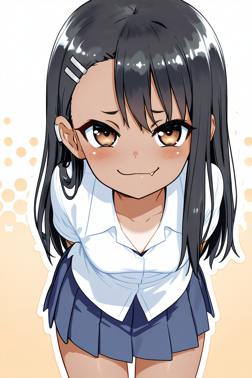 masterpiece, best quality, 1girl, solo, eyelashes, (beautiful eyes),    nagatoro hayase, long hair, bangs, black hair, hair ornament, brown eyes, hairclip, fang, dark skin, dark-skinned female, tan, skirt, shirt, school uniform, white shirt, pleated skirt, nail polish, blue skirt, red nails, earclip,  smug, hands behind back, leaning forward, portrait, <lora:MantisStyleIXL:1.0>,   ,smile, looking at viewer, abstract background, white outline, cowboy shot