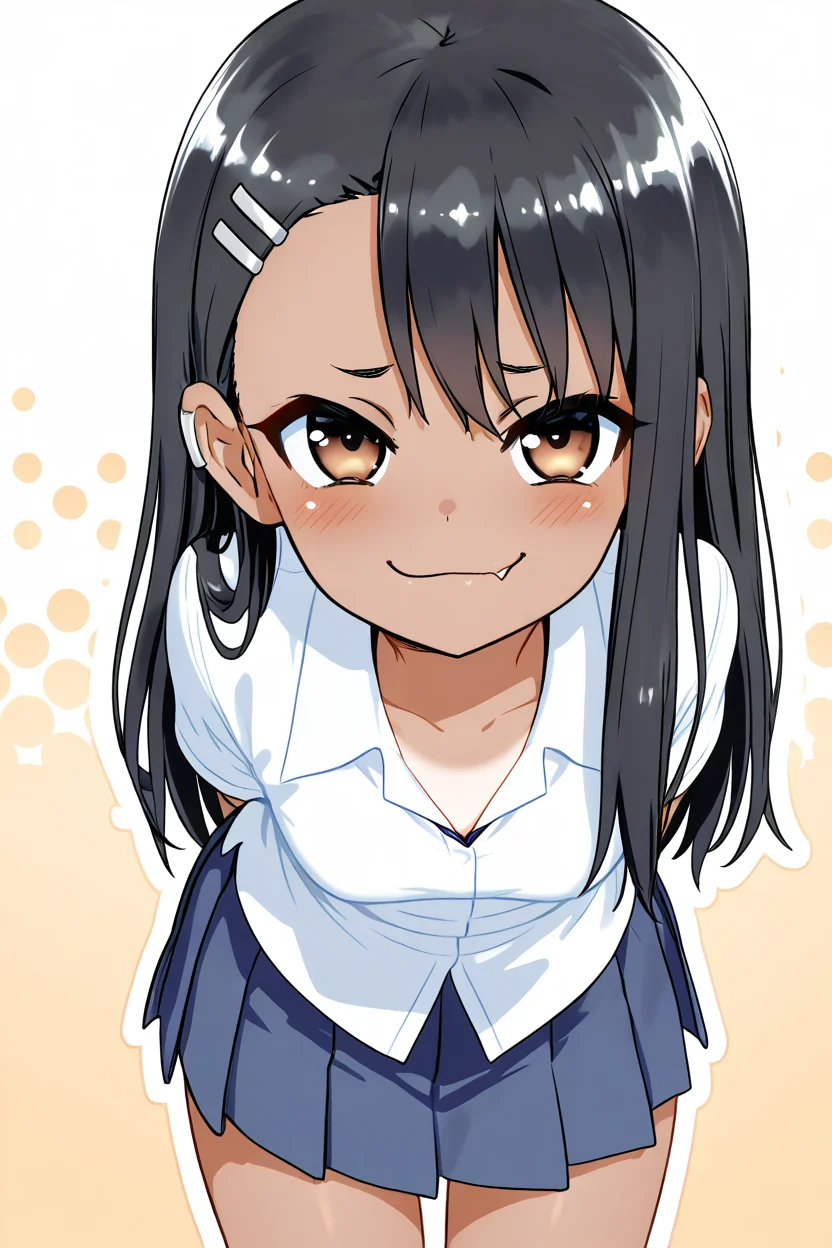 masterpiece, best quality, 1girl, solo, eyelashes, (beautiful eyes), nagatoro hayase, long hair, bangs, black hair, hair ornament, brown eyes, hairclip, fang, dark skin, dark-skinned female, tan, skirt, shirt, school uniform, white shirt, pleated skirt, nail polish, blue skirt, red nails, earclip, smug, hands behind back, leaning forward, portrait, <lora:MantisStyleIXL:1.0>, ,smile, looking at viewer, abstract background, white outline, cowboy shot