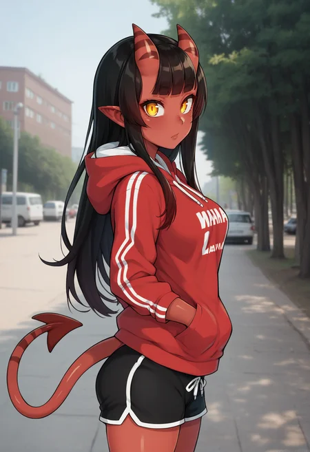 score_9, score_8_up, score_7_up, score_6_up, source_anime, BREAK
masterpiece, best quality, animeirl, outdoors, photo background, 1girl, solo, meruccubus \(merunyaa\), meru, demon girl, red oni, red skin, black hair, long hair, blunt bangs, horns, hair between horns, pointy ears, yellow eyes, red hoodie, "canada" text on hoodie, medium breasts, black shorts, dolphin shorts, demon tail, red tail, freckles, hands in pockets, from side, looking at viewer, <lyco:AnimeIRL XL Anzhc:1>