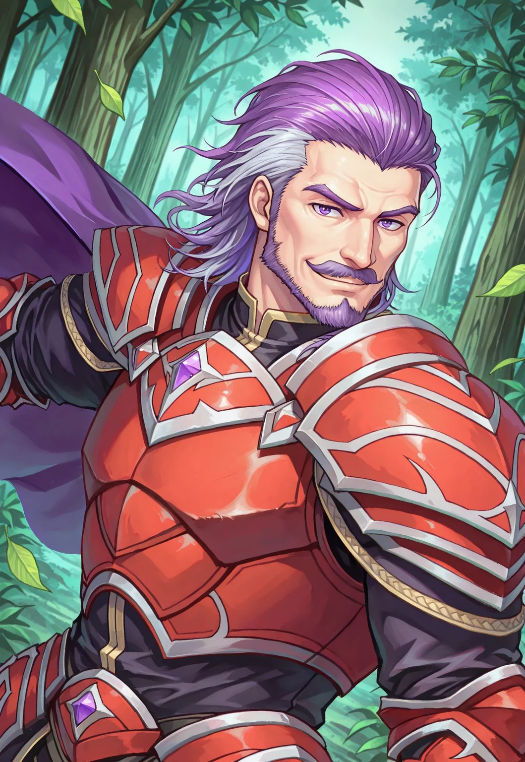 Duessel, 1boy, medium hair, mature male, muscular, facial hair, mustache, two-tone hair, purple hair, grey hair, greyish purple eyes, armor, pauldrons, looking at viewer, forest, smile, smirk, cape, dynamic pose, dutch angle, portrait, side view, colorful, leaves on the wind,