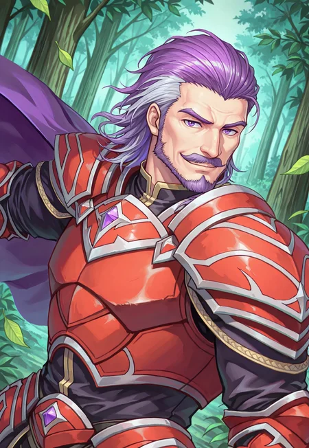 Duessel, 1boy, medium hair, mature male, muscular, facial hair, mustache, two-tone hair, purple hair, grey hair, greyish purple eyes, armor, pauldrons, looking at viewer, forest, smile, smirk, cape, dynamic pose, dutch angle, portrait, side view, colorful, leaves on the wind,