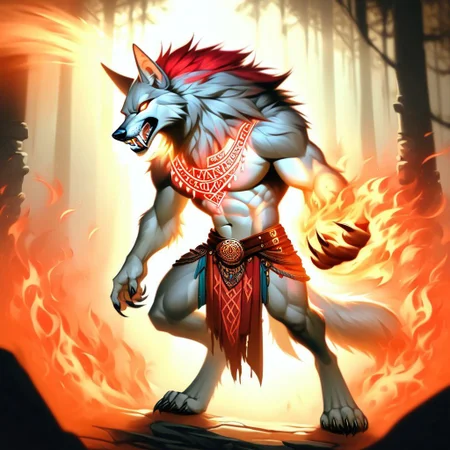 (((solo))), (((male werewolf anthro))), furry, ((gray fur, light gray belly, red highlights)), very tall, neck fur, jackal ears, tall ears, canine muzzle, gold earrings,  Muscular, dad bod, ruanyi0715,dappled sunlight,dark, thick hips, long fangs, dark brown eyes, digitigrade legs, shaggy fur, scruffy, sharp teeth, runes on chest, runes on arms, runes on muzzle,
howling, snarling, Loin cloth(brown), leather harnes, (((hands covered in fire))), fire aura, flaming hammer, ears back, 
masterpiece, best quality, intricate counter shaded texture, soft lighting, (((smooth 2))), 8k, shading, (Detailed: eyes, pupils, lips, fur), detailed fur, body fur, detailed eye, realistic eye, perfect hand, clawed hands, (((perfect claws))), score_8_up, score_9, view from above,