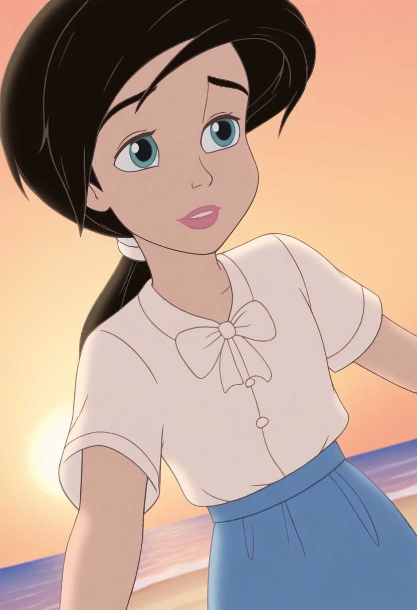 close up,melody,aqua eyes,thick eyebrowns,black hair,ponytail,pink lips,white hairband,arms down,white shirt,white bowtie,blue skirt,sea,yellow sunrise beach background