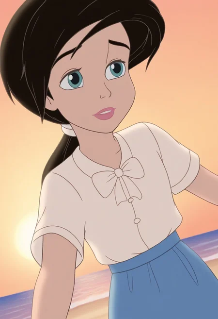 close up,melody,aqua eyes,thick eyebrowns,black hair,ponytail,pink lips,white hairband,arms down,white shirt,white bowtie,blue skirt,sea,yellow sunrise beach background