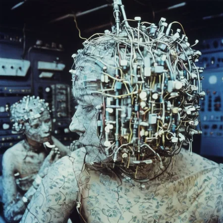 a cinematic still color photograph, from the dream of an android-human-replica, who working tirelessly ,creates a machine that makes copies of human dreams, bio-computer configured with biologically plausible biogenic circuits, brazilian tropicalia retrofuturism,
cursed image, thinking plague