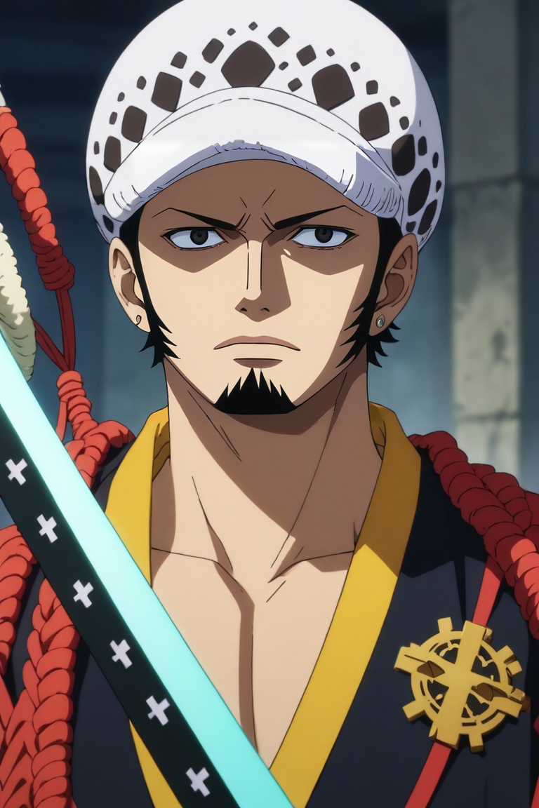 score_9, score_8_up, score_7_up, source_anime, , (realistic:0.6), , upper body, depth of field, 1boy, solo, male focus, <lora:law_trafalgar_pony:0.8>, law_trafalgar, black hair, black eyes, short hair, facial hair, sideburns, long sideburns, goatee, hat, , weapon, sword, sheathed, holding weapon, , science fiction time travel, , <lora:sdxl_lightning_8step_lora:1>