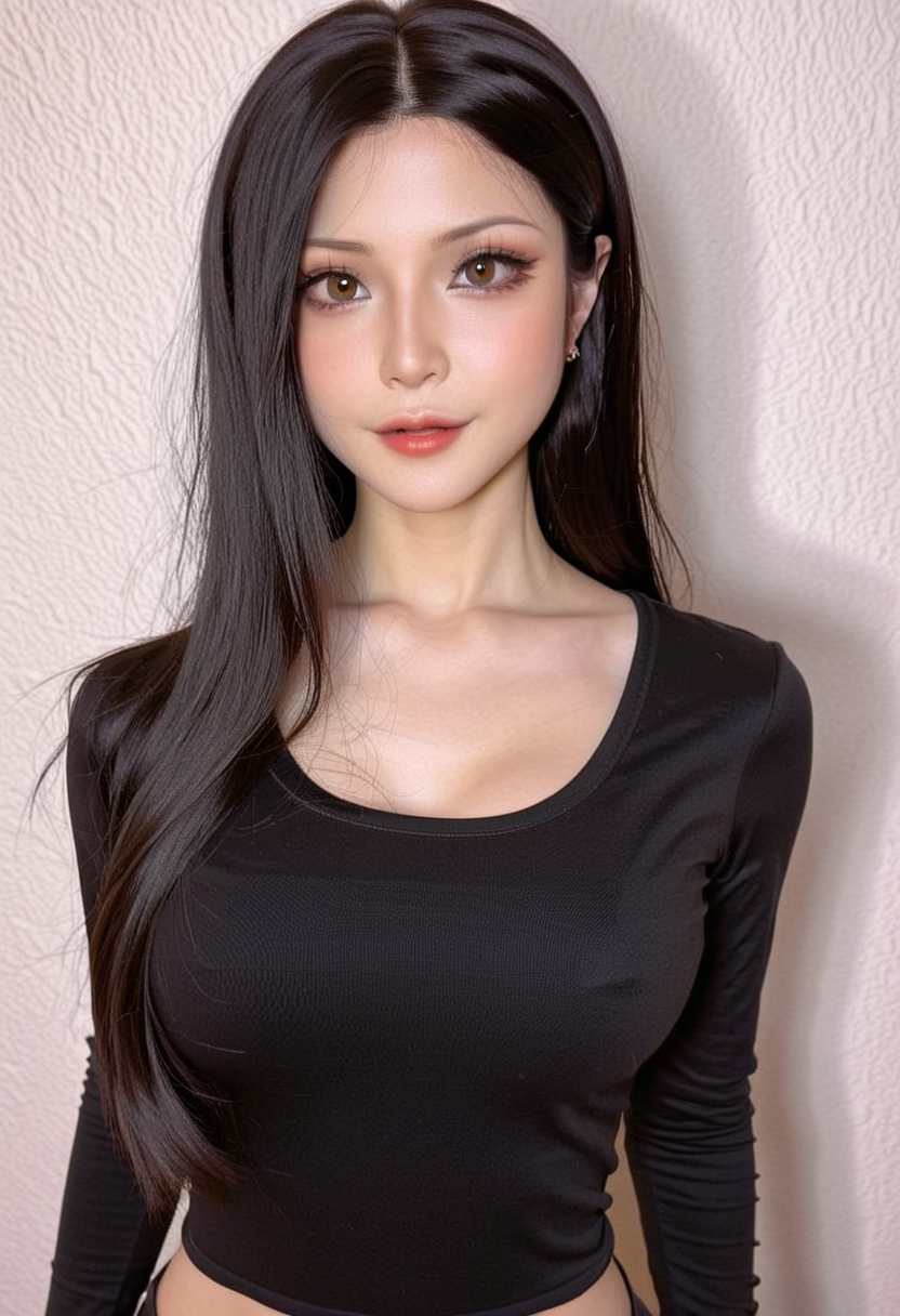 a girl, full headshot breasts, long sleeves black tshirt, black hair, yujikoixl <lora:YujikoiXL:0.8>