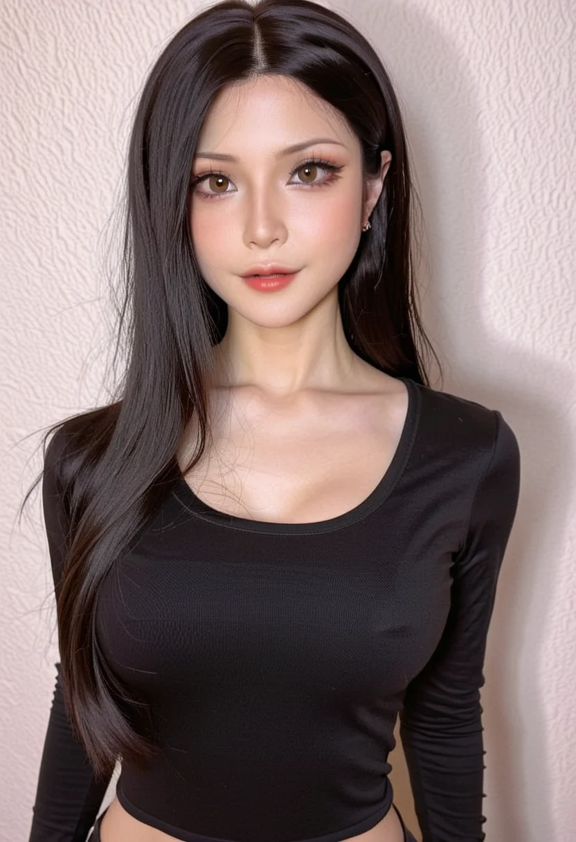 a girl, full headshot breasts, long sleeves black tshirt, black hair, yujikoixl <lora:YujikoiXL:0.8>