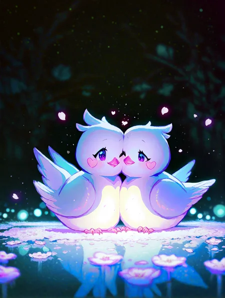 Two adorable purple birds perched on a blooming branch under a dreamy, moonlit night. The birds have large, expressive eyes with gentle blush on their cheeks, sitting close to each other, exuding warmth and companionship. Surround them with delicate glowing flowers and soft petals, resembling sakura blossoms. Heart-shaped purple bokeh lights float around, illuminating the tranquil scene with a romantic and magical ambiance. pastel colors, falling petals, no humans, heart, depth of field, scenery, dark, magical, full, cinematic,
masterpiece, best quality, very aesthetic, high quality, newest, very awa, crisp, detailed skin texture,
<lora:NOOB_vp1_detailer_by_volnovik_v1:1>, <lora:ponyv6_noobV1_2_adamW:0.7>,