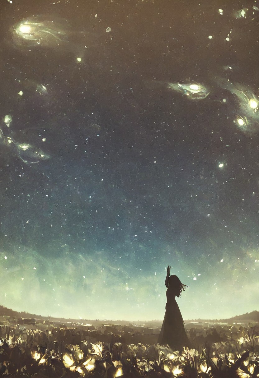 masterpiece, high quality, abstract, 1girl, centered, side view, black silhouette of a girl, (long flowy hair), flowy skirt, green forest background, ((dynamic pose)), ((flowers)), ((glowing butterflies)), night time, dark theme, starry sky, glowing hair, cinematic, vivid colors, ((saturated neon colors)), perfect hands, anzhcdreamwave, aesthetic, Perfect Hands, aurora borealis,novuschroma60 style bokeh, silhouette style, covered in shadow, StarrySkies, scenery, stars (sky), background, night sky, space, rostran style