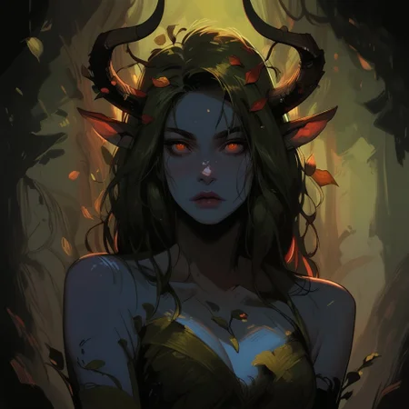 score_9, score_8_up, score_7_up, NHstyle BREAK, 1woman, cowboy-shot, dramatic lights, clear eyes, sharp eyes, high quality eyes, high resolution eyes, detailed eyes, looking at viewer, eye contact, ((Dryad, Faun, Satyr,, beautiful, detailed face, beautiful face, blue skin, horns, golden eyes, green hair, leaves in hair, leaves, wooden horns))