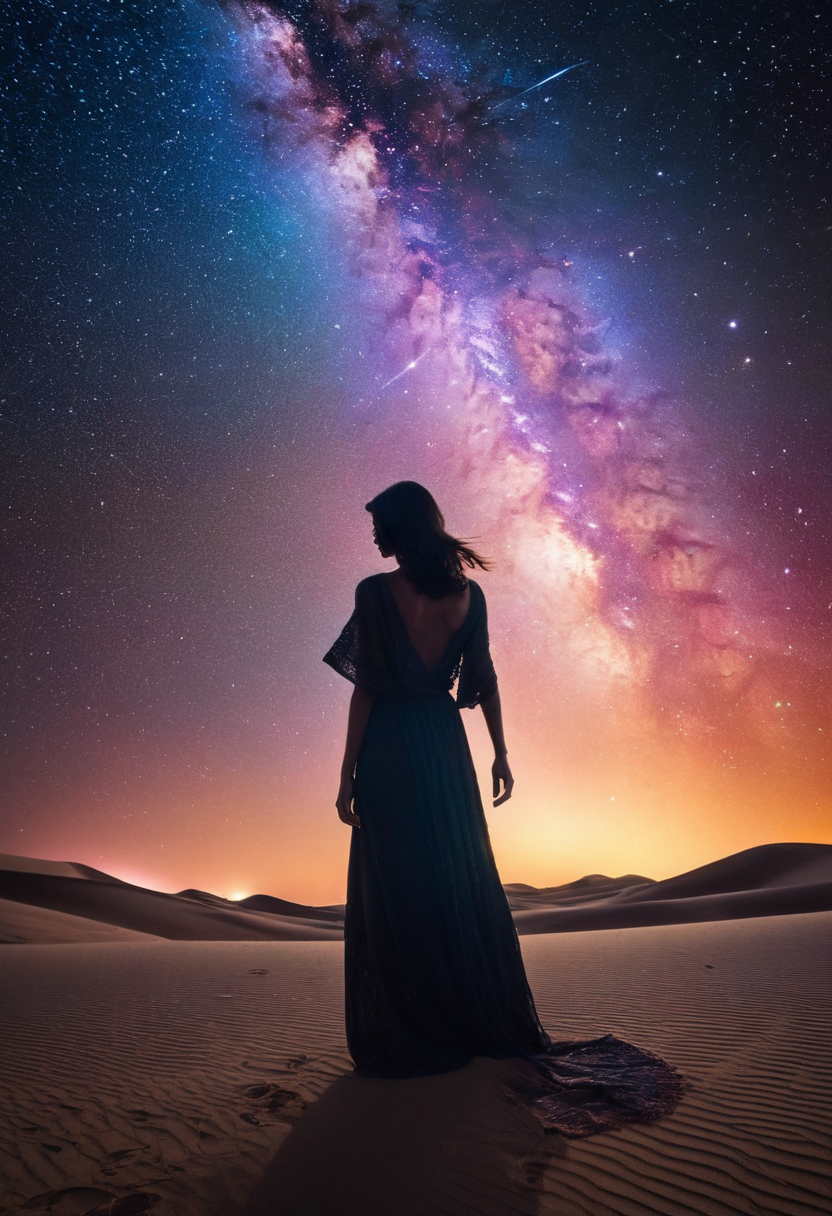 professional, (4k photo:1.1) , (Sharp focus:1.3), high detail, (extremely thin, slender, slim, long legs),
 <lora:spotlight:1> dark theme, silhouette, magical lighting, fantasy,
(In the heart of an interdimensional bazaar, set within a nebula that warps reality, a woman with three eyes, each a different cosmic hue, barters stories for exotic spices that can manipulate time, her voice echoing in multiple dimensions, blending with the marketplace's chaotic symphony.,Desert oasis at dusk, palms swaying, stars begin to twinkle, a young man in a flowing robe plays a melodious flute, sand dunes ripple gently, a faint glow from a distant campfire, camera angle wide capturing the vastness, soft twilight hues, serene atmosphere.:1.2)
<lora:greg_rutkowski_xl_2:0.8> greg rutkowski, , (expressionism, impressionism, broad brush strokes:1.4)