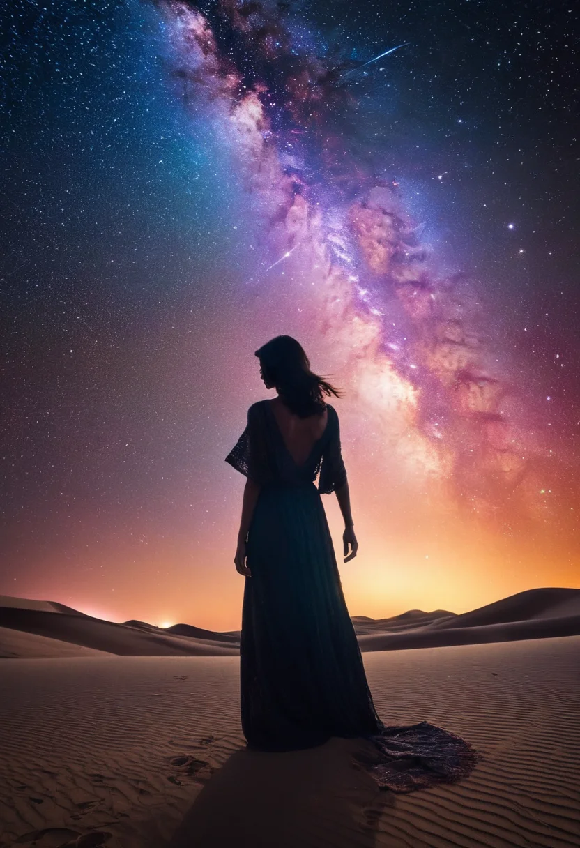 professional, (4k photo:1.1) , (Sharp focus:1.3), high detail, (extremely thin, slender, slim, long legs),
 <lora:spotlight:1> dark theme, silhouette, magical lighting, fantasy,
(In the heart of an interdimensional bazaar, set within a nebula that warps reality, a woman with three eyes, each a different cosmic hue, barters stories for exotic spices that can manipulate time, her voice echoing in multiple dimensions, blending with the marketplace's chaotic symphony.,Desert oasis at dusk, palms swaying, stars begin to twinkle, a young man in a flowing robe plays a melodious flute, sand dunes ripple gently, a faint glow from a distant campfire, camera angle wide capturing the vastness, soft twilight hues, serene atmosphere.:1.2)
<lora:greg_rutkowski_xl_2:0.8> greg rutkowski, , (expressionism, impressionism, broad brush strokes:1.4)