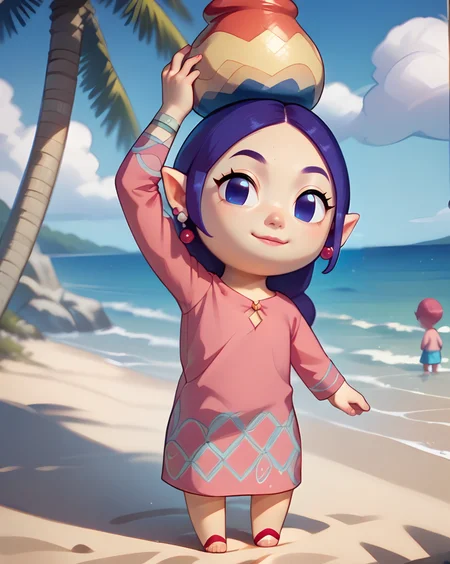 score_9, score_8_up, score_7_up, 2d, Sue Belle, woman , pink dress, arm up , holding jar, beach, ocean, palm tree <lora:Sue Belle Pony-000045:1> Chibi 3D Graphics - "Kirby's Epic Yarn"