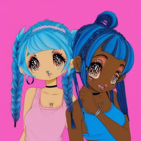 solo, signature, pink background, ahoge, hairband, twintails, braid, animal nose, 2girls, torn clothes, dark skin, blue hair, ganguro