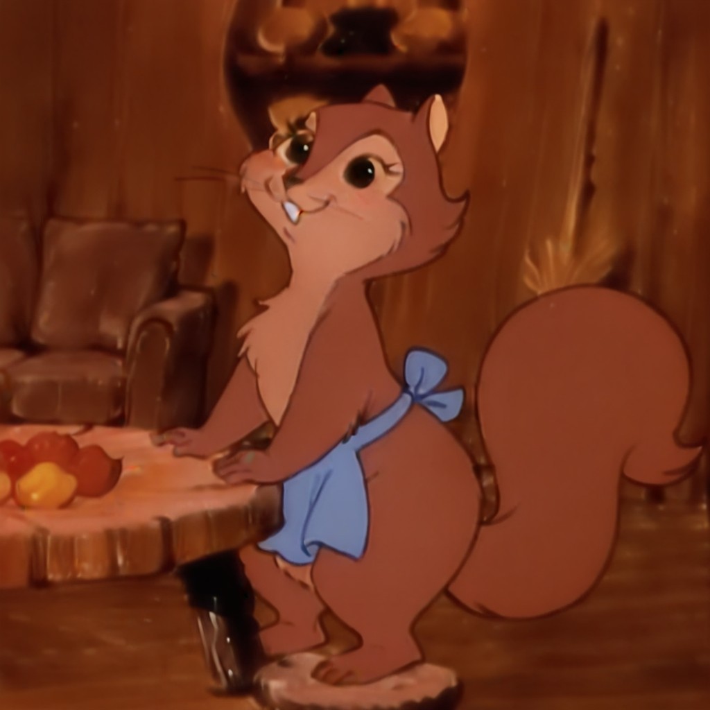 masterpiece, best quality, amazing quality, momsqrrlil, semi-anthro, female, squirrel_girl, brown fur, black eyes, blue apron, standing, in living room, <lora:0eb351cd-7203-4cde-a8b1-dcdaa987eeda:1.0>