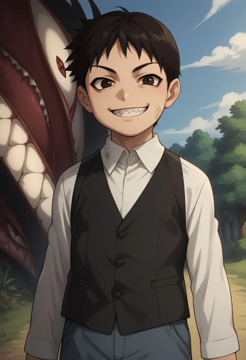 score_9, score_8_up, source_anime, highly detailed, selim, 1boy, solo, cute,
selim, 1boy, male focus, teeth, sharp teeth, smile, black hair, looking at viewer, vest, shirt, solo, monster, evil smile,
outdoor,