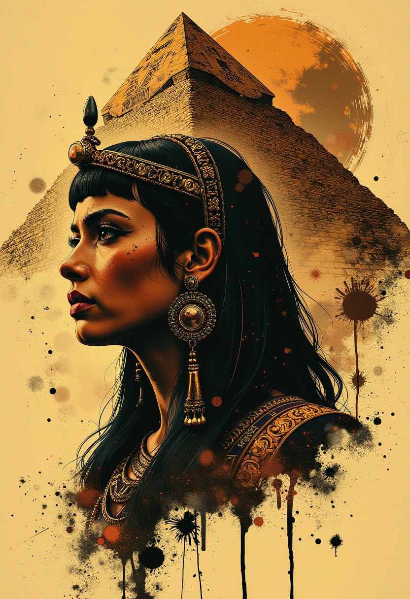 nistyle, Inkplash art on rice paper, sepia, henna , Silhouette Art, magnificent, inksplash poster art, double image, Great Pyramid of Giza, together with closeup portrait of Cleopatra (Egyptian jewellery, dark straight-cut Cleopatra-style bob, Egyptian eyeliner)