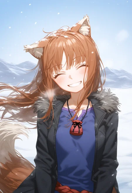 hllv, sketch,
holo, 1girl, solo, long hair, blush, smile, shirt, brown hair, long sleeves, animal ears, jacket, tail, upper body, closed eyes, outdoors, open clothes, sky, day, grin, open jacket, black jacket, animal ear fluff, fur trim, head tilt, blue shirt, wolf ears, facing viewer, wolf tail, snow, pouch, wolf girl, wind, windy hair,
, masterpiece, best quality, good quality,
<lora:ai_styles_collection_noob_vpred-1.0-v6-edm2-pass:1>