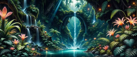 highly detailed mystical realism oil painting in the style of johan christian dahl and maurice sapiro, ancient, dark jungle brimming with life, an enchanted forest hidden deep in mystery, in the foreground, large, otherworldly plants with vibrant, exotic leaves and gorgeous ethereal flowers edge a glowing azure pool, lush layers of vegetation framing the waterfallâs base, dark shadows fill the corners, the center scene features a narrow, bioluminescent waterfall cascading down a rugged, multi-tiered cliff, its gentle glow casting a faint blue-green light, thick, emerald moss covers the cliff, hinting at untold ages, in the background, the dense foliage extends into the shadows, punctuated by faint glows from hidden recesses, suggesting unseen life, a medium-wide shot with slight overhead perspective, capturing the waterfall, pool, and dense jungle foliage in a balanced, layered composition, dynamic chiaroscuro lighting, with warm dappled light filtering through the thick jungle canopy, soft, ethereal glow around the waterfall and pool, faint reflections off the vibrant plants, intricate textures and shadow detail, soft interplay between deep green shadows and luminous highlights, painting-quality detail, realistic contrasts, and rich color gradations, astonishing and puzzling scenery, in the style of ck-ovf, <lora:ultima-flux-by_sterlingangel:0.4> <lora:style-oneviolentfantasy-ep21-flux-by_chronoknight:0.72>