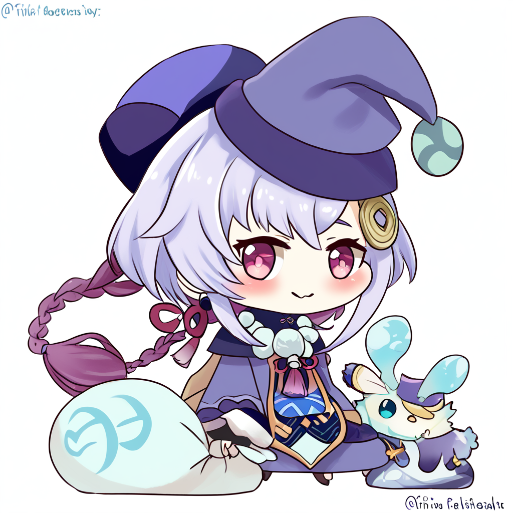score_9, score_8_up, score_8,  ,,, zzPadoru, qiqi_(genshin_impact) , 1girl, blush, simple background, hair ornament, long sleeves, white background, dress, holding, closed mouth, standing, purple eyes, full body, purple hair, twitter username, blue dress, wavy mouth, blue headwear, holding sack, coin hair ornament,   ,<lora:PadoruMemePDXL:1.0>,   ,,, smile, looking at viewer,  ,,, embedding:zPDXL,  <lora:SDXLFaeTastic2400:0.5>,   <lora:Qiqi_Genshin_PDXL_v2:0.8>,