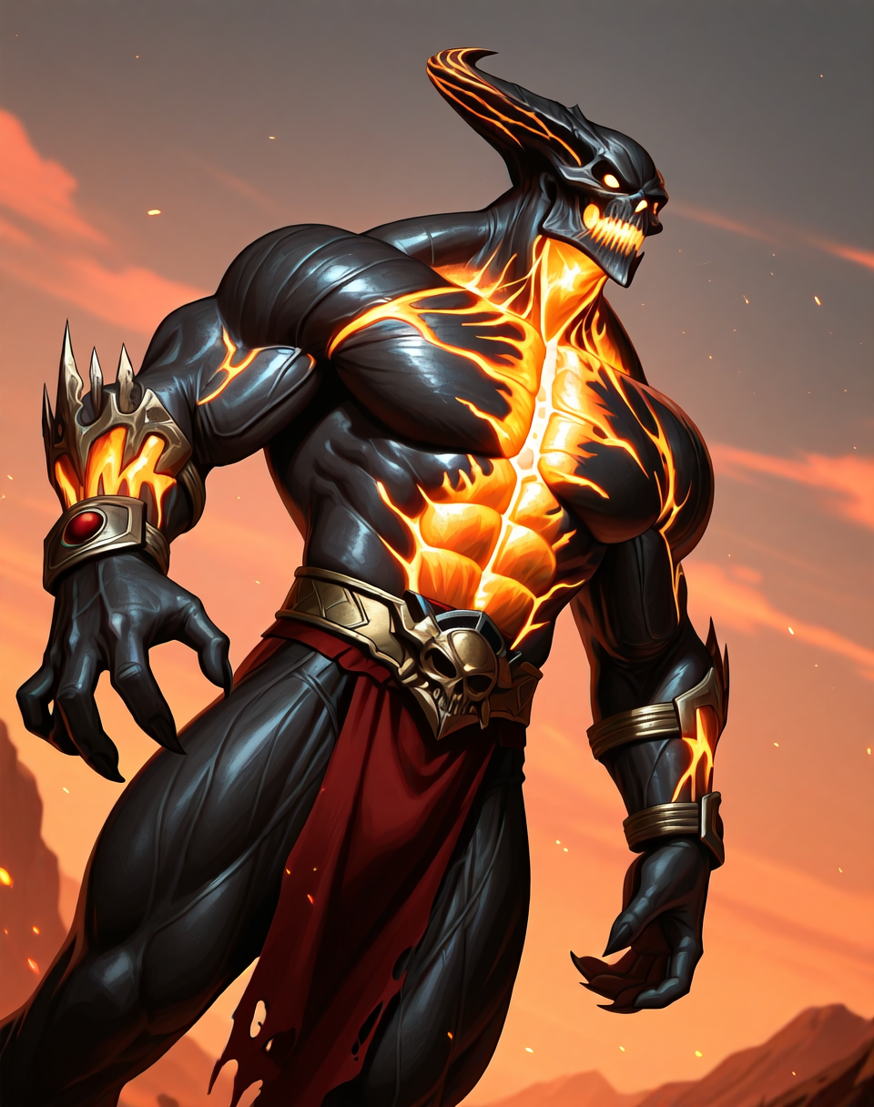 <lora:Corrupted_Shinnok_(Mortal_Kombat)_(Illustrious)_(AD):0.5> Corrupted Shinnok, muscular, Mortal Kombat,
dutch angle, exterior, battleground, dynamic action, dutch angle, anime sky with detailed clouds, 
unstoppable end boss, video game screenshot, male chest focus, bent arm, hyper muscular, 
large shoulders, large biceps, large thighs, large rounded protruding pecs, thick neck, wide thick upper body, 
BREAKvery awe, aesthetically pleasing, masterpiece, best quality, amazing quality, very aesthetic, perfect depth of field shot, masterclass color theory, in'ei, gradient style coloring, photographic realism, 8K CGI render, 
Smooth Quality, lazympos, IllustQualXL_Pos,
