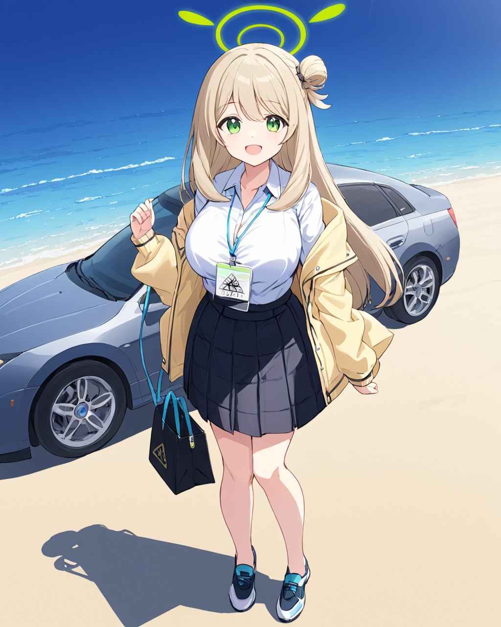 nonomi \(blue archive\),1girl, solo, halo, large_breasts, ground_vehicle, motor_vehicle, id_card, black_skirt, full_body, holding_bag, looking_at_viewer, white_shirt, yellow_jacket, open_mouth, lanyard, shoes, open_jacket, :o, collared_shirt, single_hair_bun
<lora:nonomi_(blue_archive)_image1897_2023-11-28:1>halo. gorgeous,key visual, vibrant, studio anime,award-winning, professional, highly detailed,high budget, cinemascope