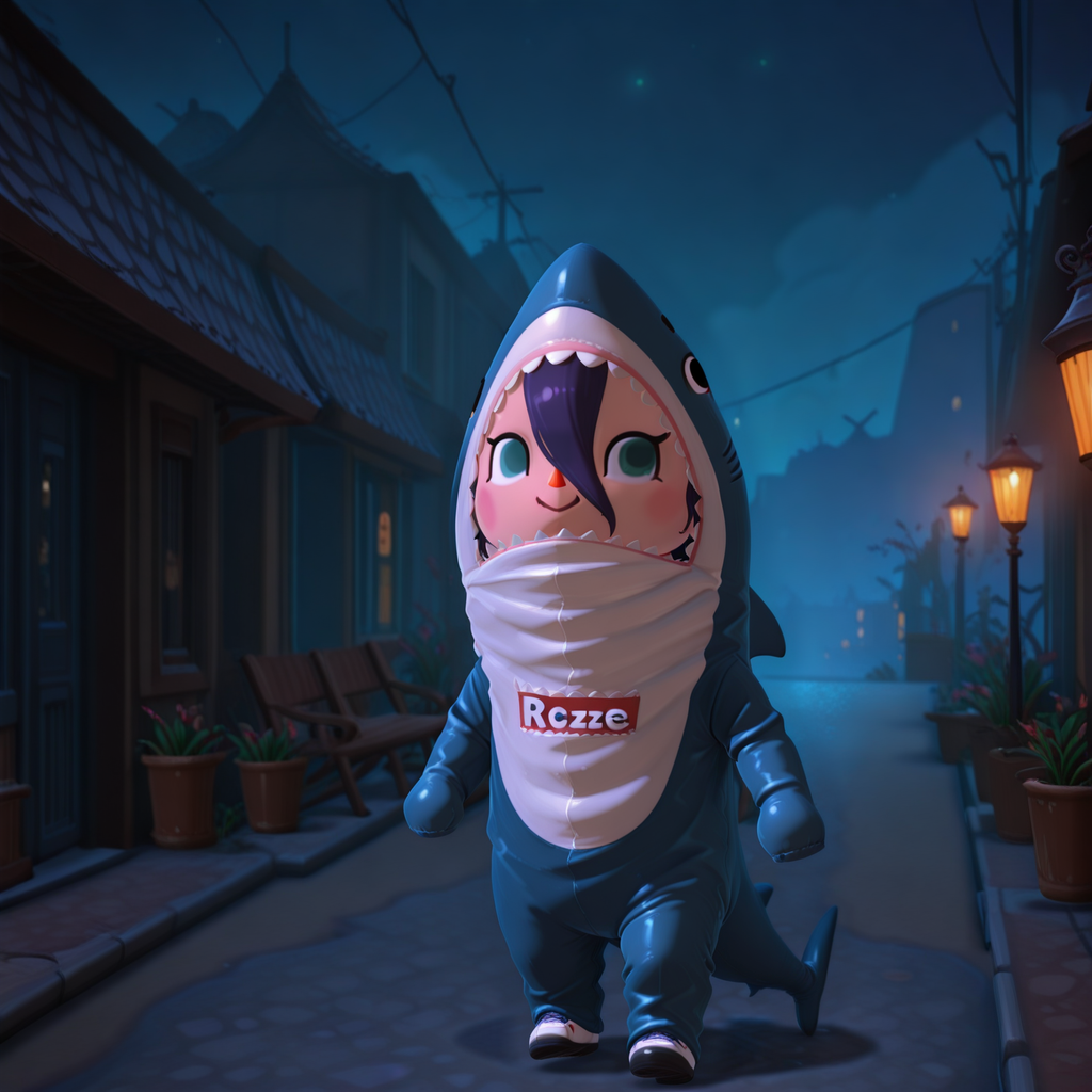 embedding:IllusP0s, animal crossing style, 3d, blahaj_\(shark costume\), 1girl, reze_\(chainsaw_man\), outdoors, night, solo,<lora:blahaj_ill_v2.safetensors:1.0:1.0> <lora:animal crossing style_3d_ill.safetensors:1:1>