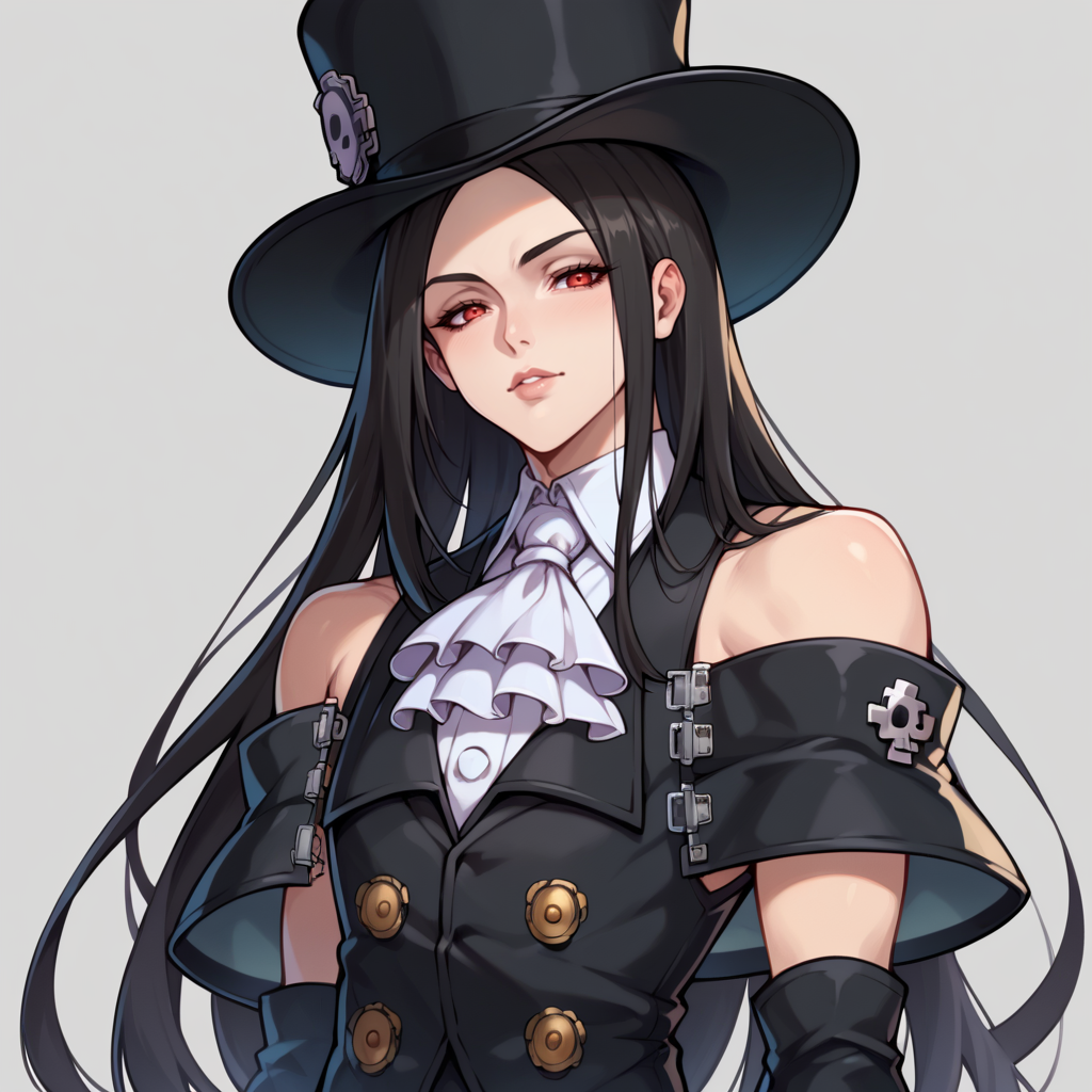 score_9, score_8_up, score_7_up, score_6_up, score_5_up, score_4_up, source_anime, seductive pose, 
1other, androgynous, looking at viewer, testament\(guilty gear\), <lora:TestamentGGST:1> ggtestament, black hair, red eyes, long hair, formal, black sleeves, detached sleeves, ascot, top hat, long black skirt, side slit, black vest, fingerless gloves, bare shoulders, asymmetrical gloves, solo