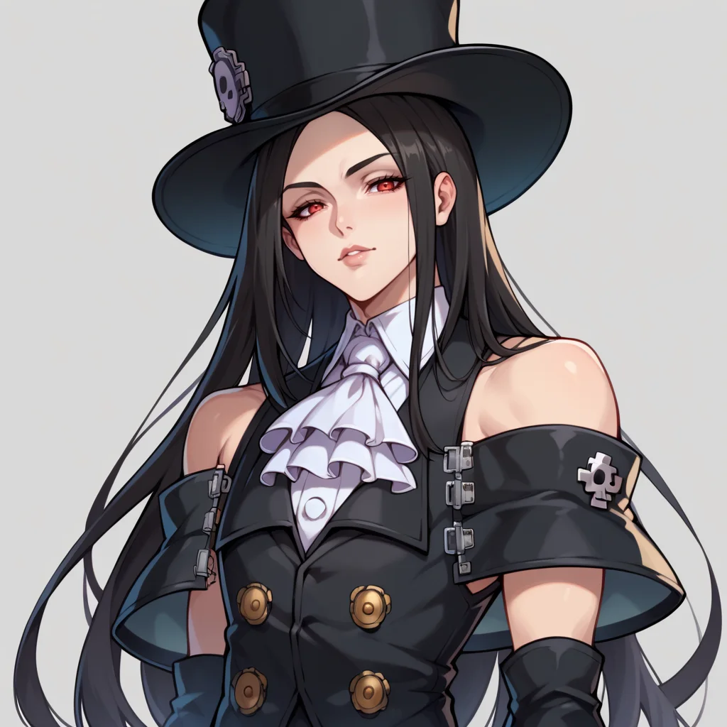 score_9, score_8_up, score_7_up, score_6_up, score_5_up, score_4_up, source_anime, seductive pose, 
1other, androgynous, looking at viewer, testament\(guilty gear\), <lora:TestamentGGST:1> ggtestament, black hair, red eyes, long hair, formal, black sleeves, detached sleeves, ascot, top hat, long black skirt, side slit, black vest, fingerless gloves, bare shoulders, asymmetrical gloves, solo