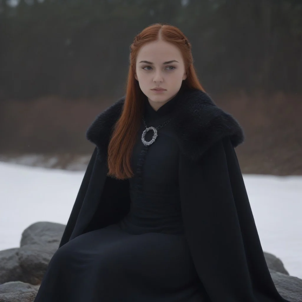 masterpiece, best quality, SansaStark, 1girl, solo, long hair, red hair, blue eyes, black dress, fur trim, cape, sitting on rock, <lora:SansaStark_illustrious_Leaf2:1>, snow, outdoors,