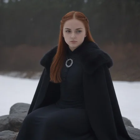 masterpiece, best quality, SansaStark, 1girl, solo, long hair, red hair, blue eyes, black dress, fur trim, cape, sitting on rock, <lora:SansaStark_illustrious_Leaf2:1>, snow, outdoors,