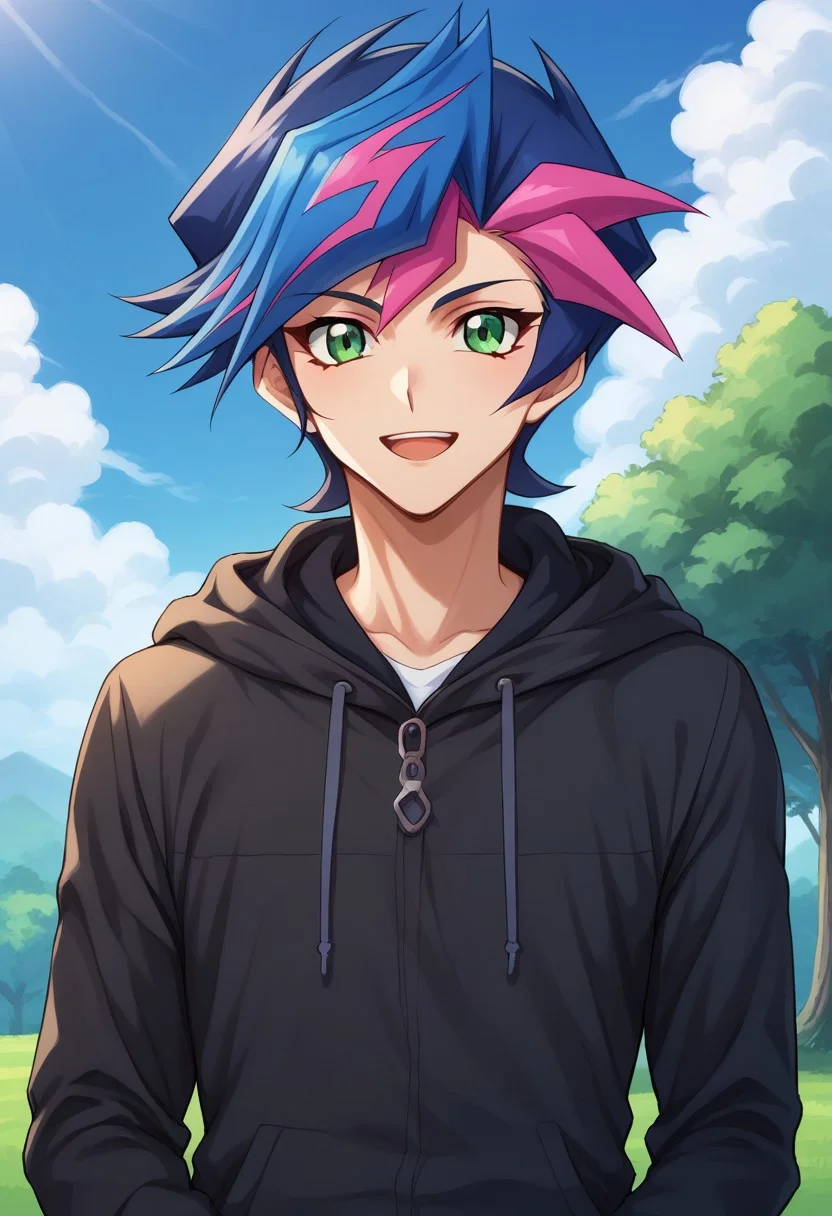 score_9, score_8_up, score_7_up, source_anime, highly detailed,
yusaku, 1boy, green eyes, male focus, solo, blue hair, v, multicolored hair, hood, pink hair, hoodie, open mouth,
smile, looking at viewer, upper body, two-tone hair, upper body,
outdoor, sky, tree, cloud