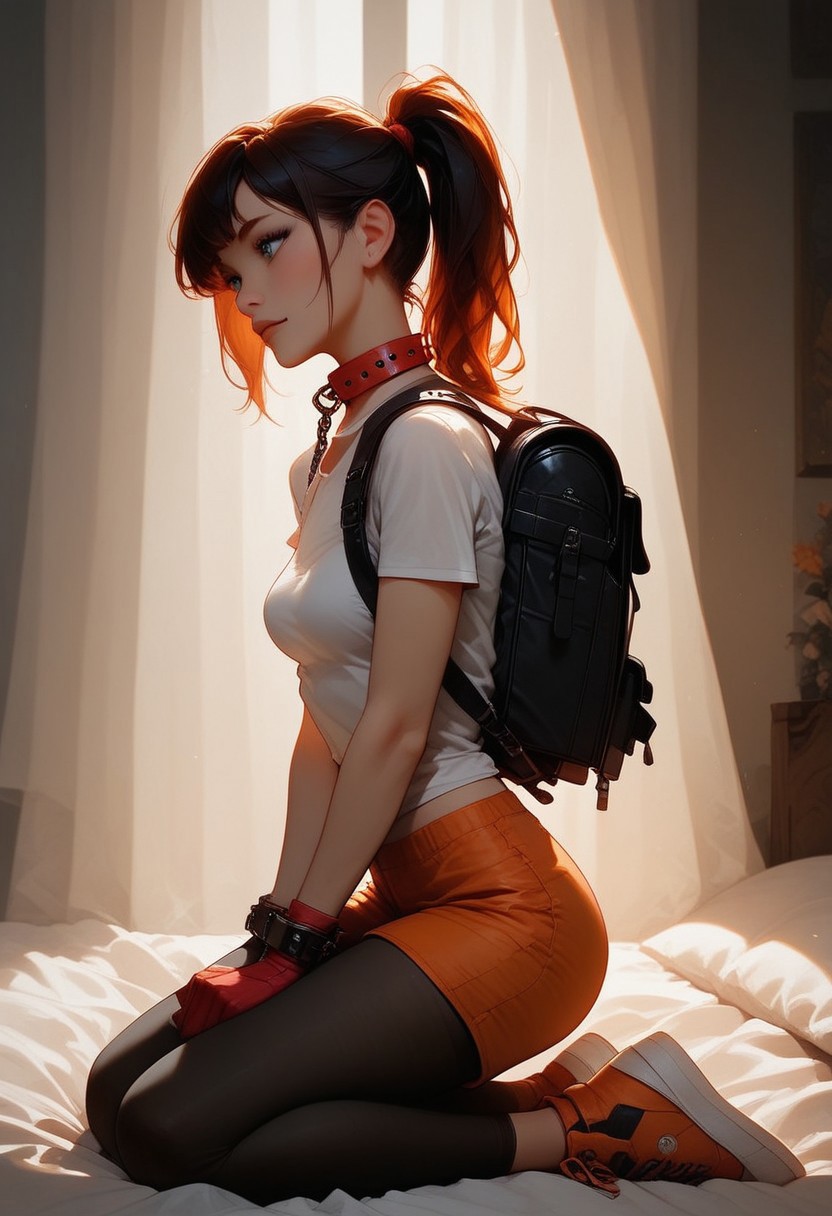 (score_9, score_8_up, score_7_up), 1girl, solo, eyes open, big eyes, cute face, ponytail, 18 years old, bangs, petite, small breasts, white shirt, orange tie, backpack, red glove, orange shorts, leggings, sneakers, detailed background, inside, bedroom, vivid colours, looking away,
kneeling, on knees, collar, chained collar, chained to a bedpost, 
from the side, view from the side,