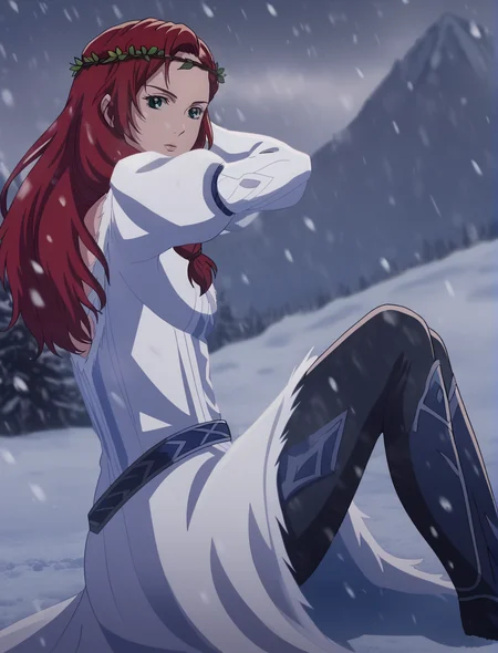 best quality, highres, HeraLOTR, solo, red hair, long hair, braid, green eyes, white dress, white dress belt, flowing sleeves, head wreath, puffy sleeves, (black pants), snowing, on snowy mountain, realistic background, blurry background, bokeh, shadows, shadow, hands behind head, looking at viewer, dynamic pose, dynamic angle, from side, sitting on snow, knees, <lora:HeraLOTR:0.95>