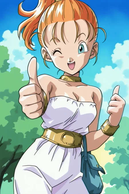 anime screencap, anime coloring, detailed face, perfect fingers, masterpiece, best quality, very aesthetic, absurdres, volumetric lighting, 
blue sky, outdoors,
 <lora:Chrono_Trigger_anime_cutscene_style:1>
Chrono Trigger style, retro artstyle, 1990s (style),
Marle (character), 1girl, solo, ponytail, smile, bare shoulders, jewelry, bag, bracelet, white outfit, cleavage, blue eyes, brown hair, sky, breasts, cowboy shot, one eye closed, thumbs up, open mouth, smile, orange hair, neck ring, yellow choker, looking at viewer