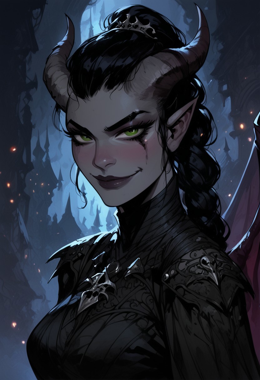 score_9, score_8_up, score_7_up, BREAK, 1woman portrait, beautiful, dramatic lights ((Succubus, Demon Girl, Succub, horns, seductive, seductive look, goth, goth girl, goth makeup, green eyes, wings, bat wings grey skin, grey colored skin, black hair, long braided ponytail, bangs, side bangs, happy, smug))
<lora:Fant5yP0ny:0.6> <lora:fantasy_world_pony:0.9>
<lora:Cherry-Gig:0.55>
